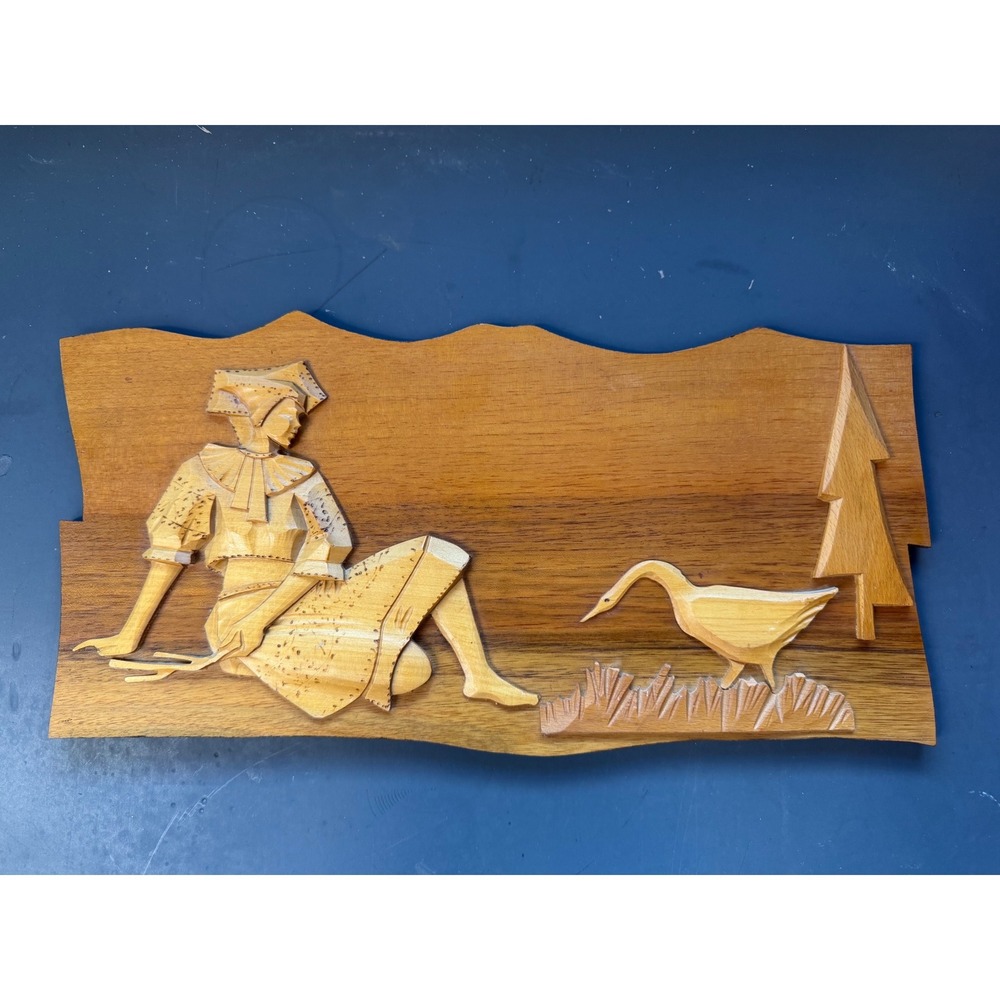 Vintage Hand Carved Wood Relief Wall Art Folk Woman and Goose, Czechoslovakia